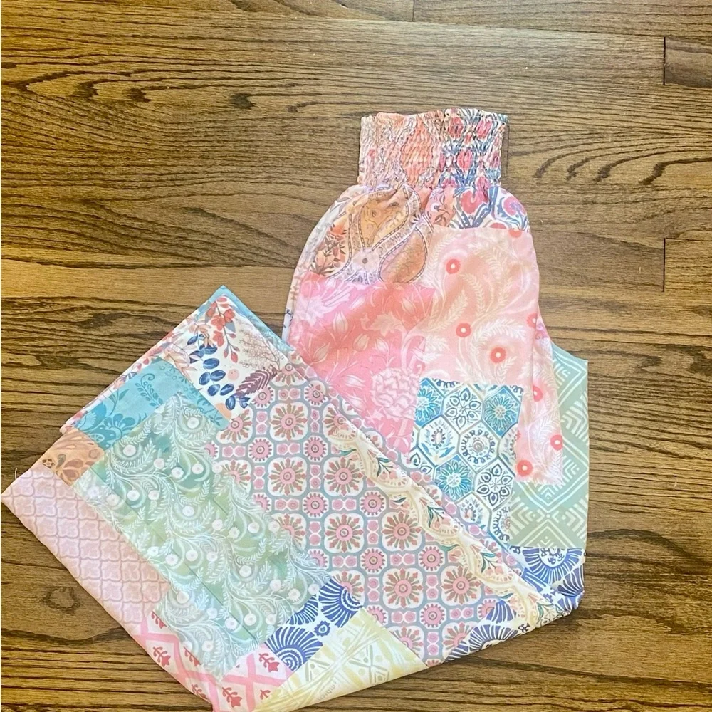 SOLD Barbiecore Smocked Waist floral Patchwork Boho Hippie Pants Cottagecore - Picture 4 of 4